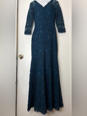 Tadashi Shoji Deep Teal Lace Long-Sleeve Gown